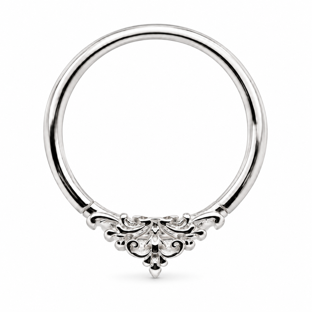 AuAdore Florentine ring in 14k white gold, with a smooth hoop top and matching white-gold filigree, centered on white.