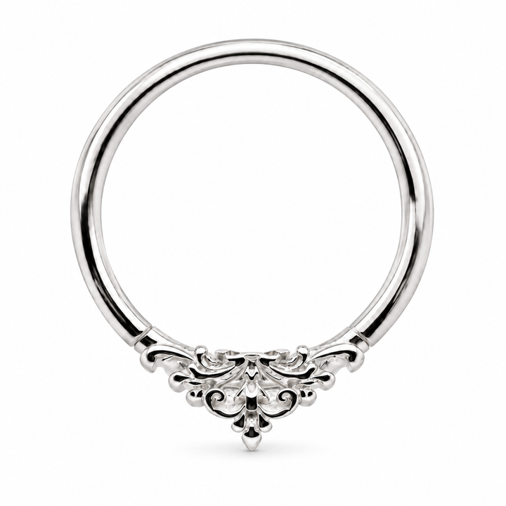 AuAdore Florentine ring in 14k white gold, with a smooth hoop top and matching white-gold filigree, centered on white.
