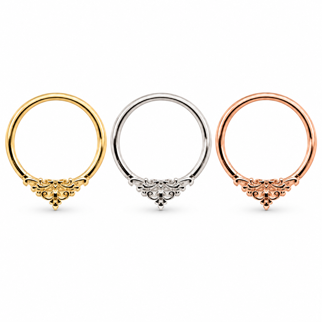 AuAdore Florentine ring shown left to right in yellow gold, white gold, and rose gold, with smooth hoop tops and matching filigree.