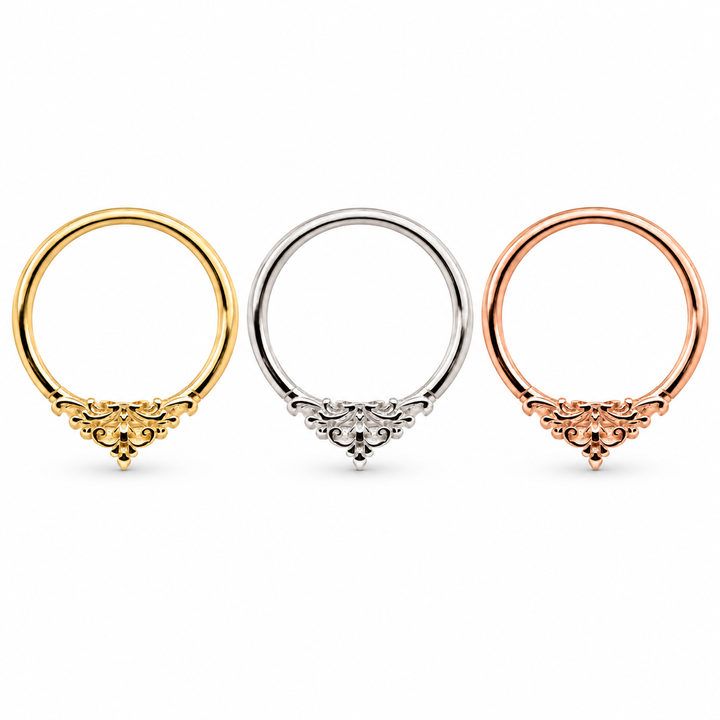 AuAdore Florentine ring shown left to right in yellow gold, white gold, and rose gold, with smooth hoop tops and matching filigree.