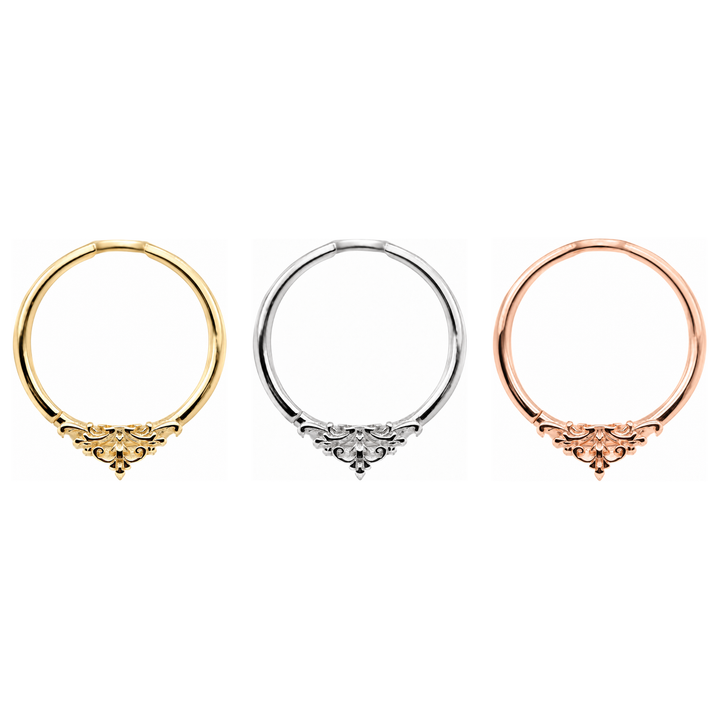 AuAdore Florentine Ring shown in 14k yellow gold, white gold, and rose gold on a white background.