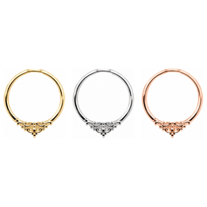 AuAdore Florentine Ring shown in 14k yellow gold, white gold, and rose gold on a white background.