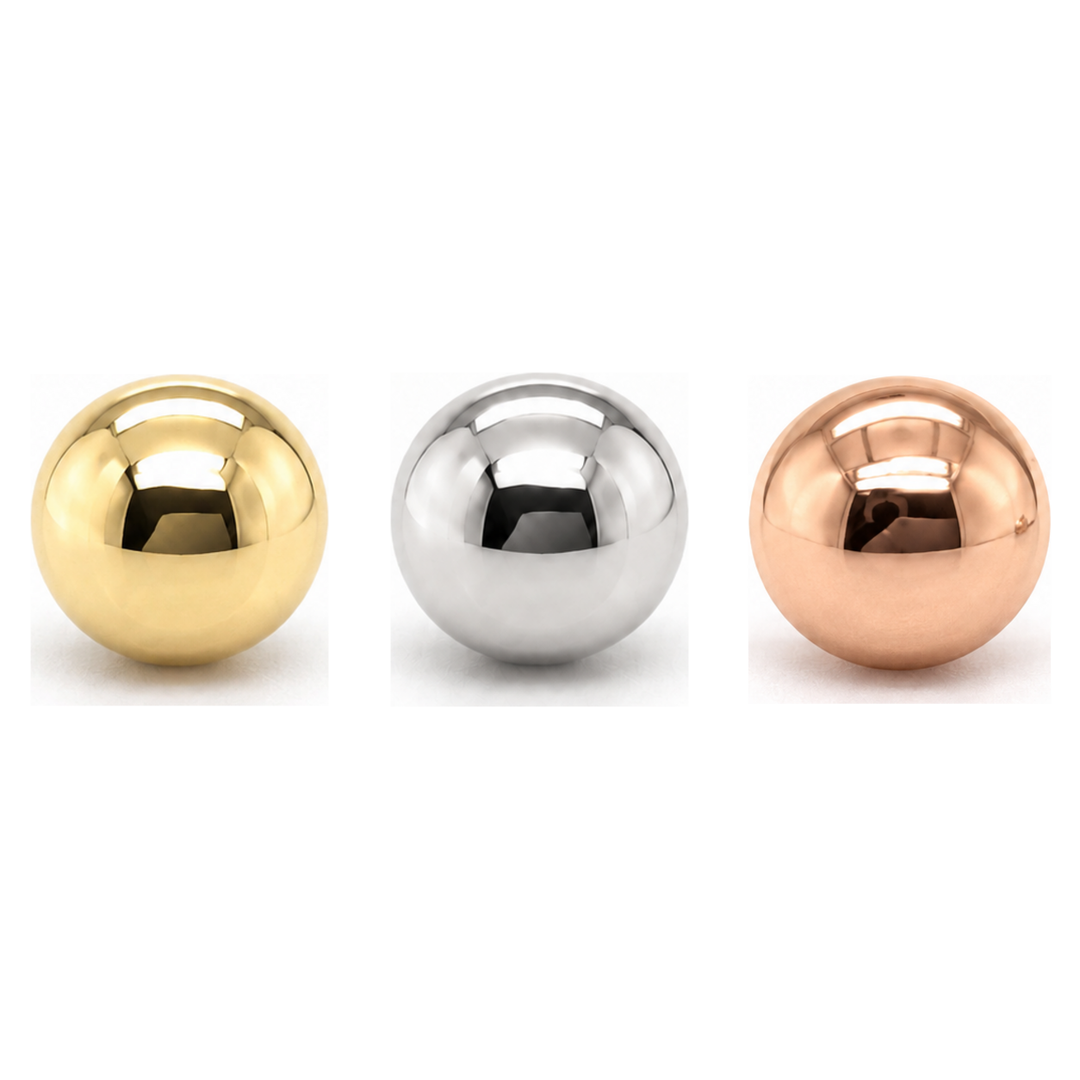 AuAdore Gold Bead Threadless End shown in 14k yellow gold, white gold, and rose gold on a white background.