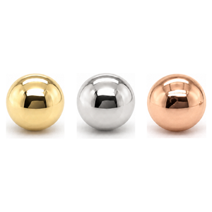 AuAdore Gold Bead Threadless End shown in 14k yellow gold, white gold, and rose gold on a white background.