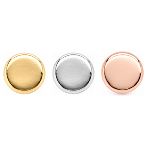 AuAdore Gold Disk Threadless End shown in 14k yellow gold, white gold, and rose gold on a white background.