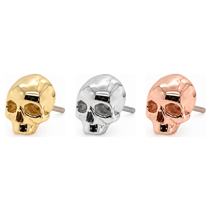 AuAdore Gold Skull Threadless End shown in 14k yellow gold, white gold, and rose gold on a white background.