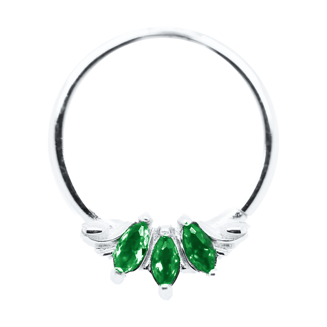 AuAdore Grandeur Chrome Diopside ring in white gold, photo-based color visualization with three green marquise gemstones and matching white-gold prongs.