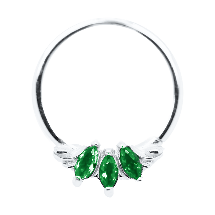 AuAdore Grandeur Chrome Diopside ring in white gold, photo-based color visualization with three green marquise gemstones and matching white-gold prongs.