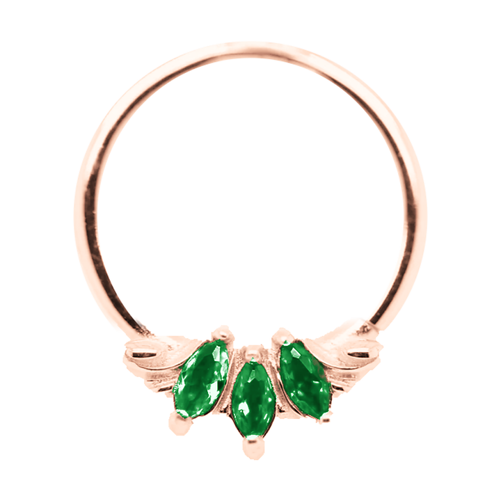 AuAdore Grandeur Chrome Diopside ring in rose gold, photo-based color visualization with three green marquise gemstones and matching rose-gold prongs.