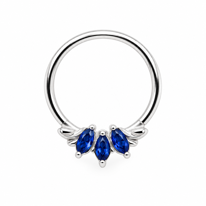 AuAdore Grandeur Lab Blue Sapphire ring in 14k white gold, with three blue marquise gemstones, matching white-gold prongs and delicate side flourishes on white.