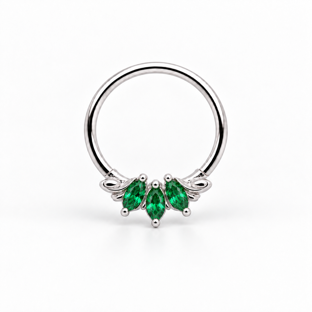 AuAdore Grandeur Lab Emerald ring in 14k white gold, with three green marquise gemstones, matching white-gold prongs and a smooth hoop top on white.
