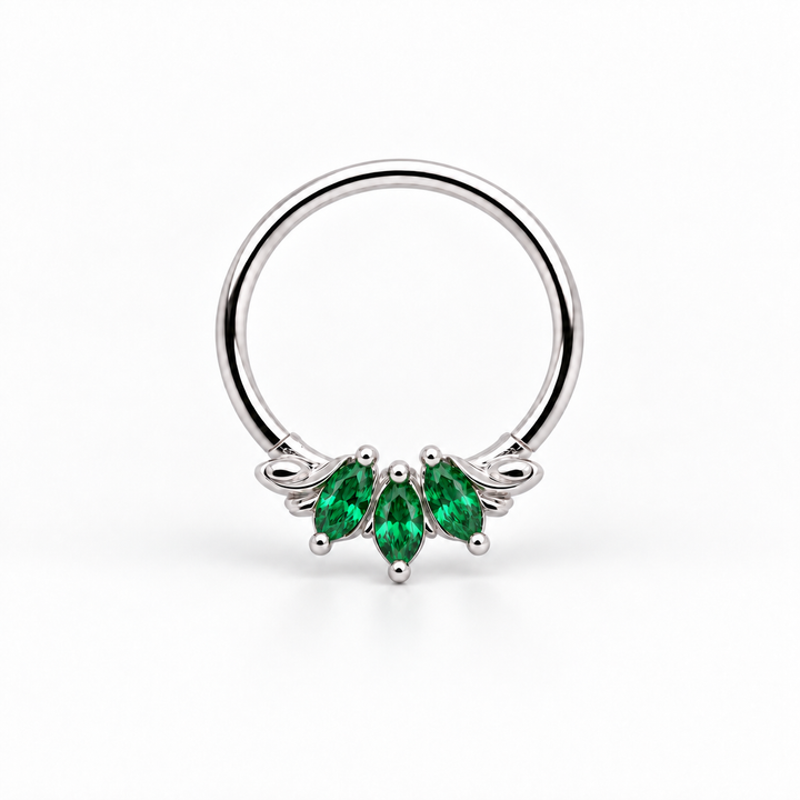 AuAdore Grandeur Lab Emerald ring in 14k white gold, with three green marquise gemstones, matching white-gold prongs and a smooth hoop top on white.
