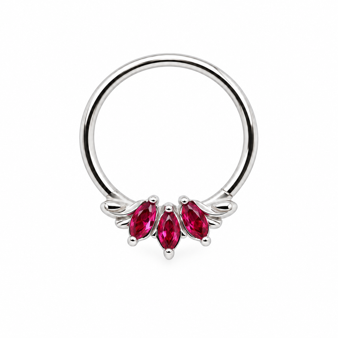 AuAdore Grandeur Lab Ruby ring in 14k white gold, with three red marquise gemstones, matching white-gold prongs and a smooth hoop top on white.