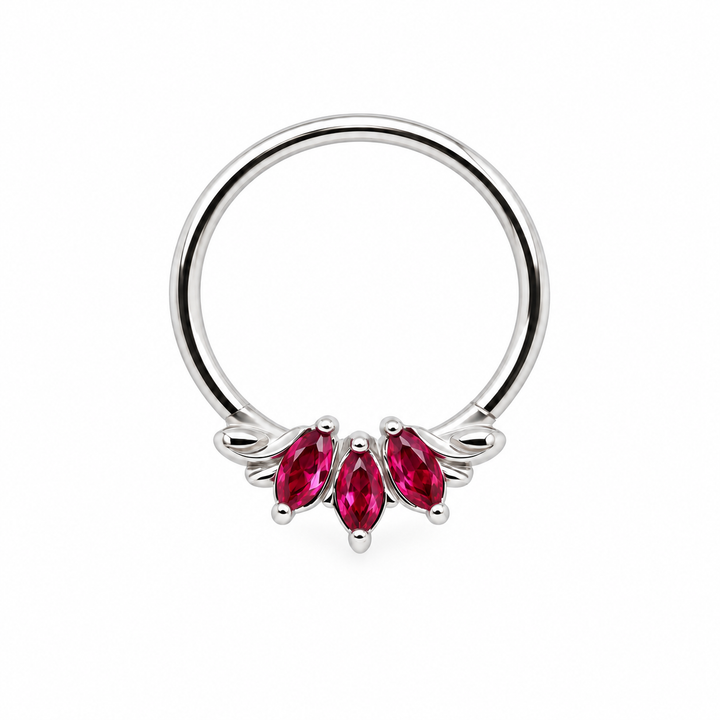 AuAdore Grandeur Lab Ruby ring in 14k white gold, with three red marquise gemstones, matching white-gold prongs and a smooth hoop top on white.