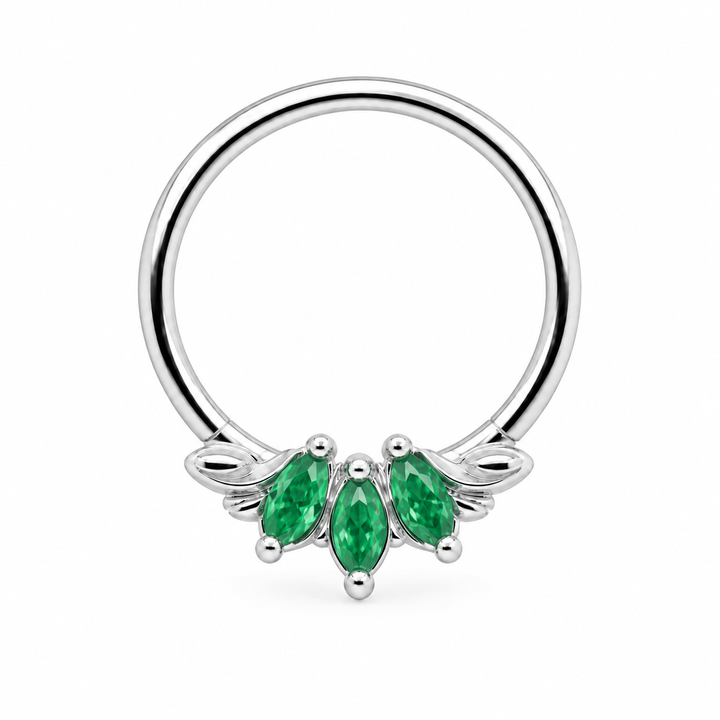 AuAdore Grandeur Natural Emerald piercing ring in 14k white gold with three marquise green gemstones, matching white-gold prongs and side filigree and a smooth hoop top on white.