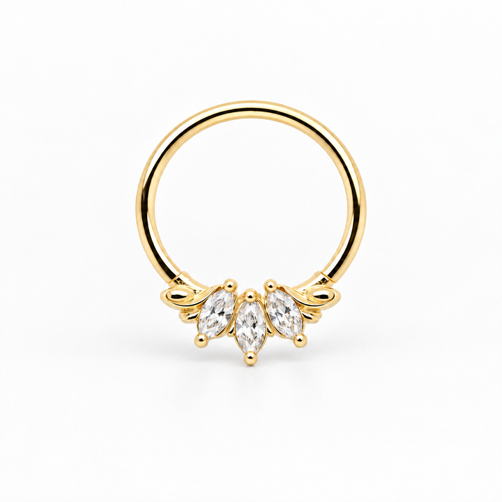AuAdore Grandeur White Diamond 16g piercing ring in 14k yellow gold, three clear marquise gemstones and delicate side filigree on white. Digital product illustration.