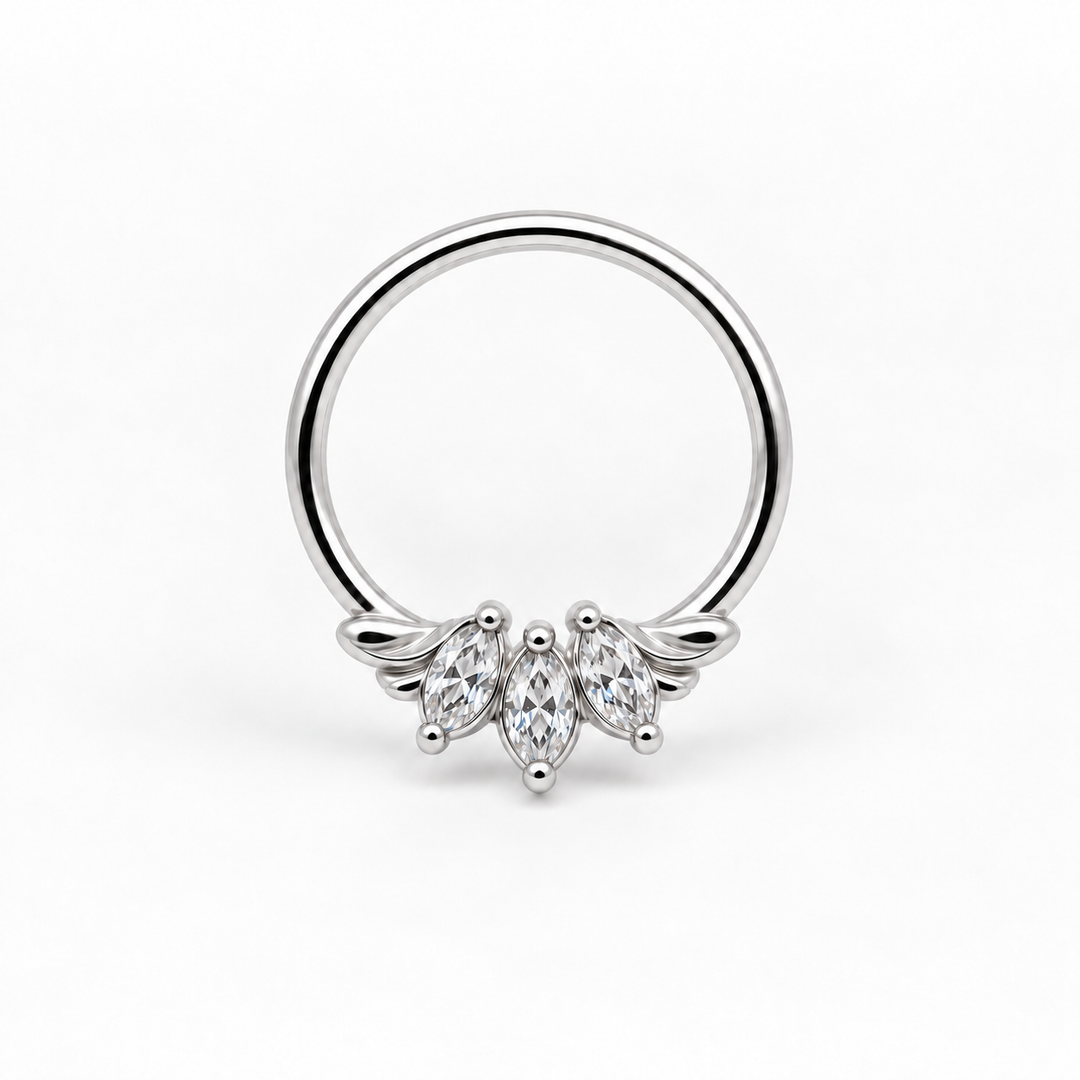 AuAdore Grandeur White Diamond 16g piercing ring in 14k white gold with three clear marquise gemstones and matching white-gold prongs and filigree on white. Digital product illustration.