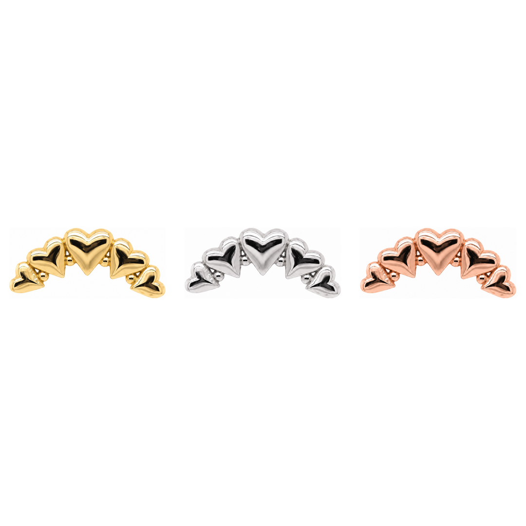 AuAdore Heart Curve Threadless End shown in 14k yellow gold, white gold, and rose gold on a white background.