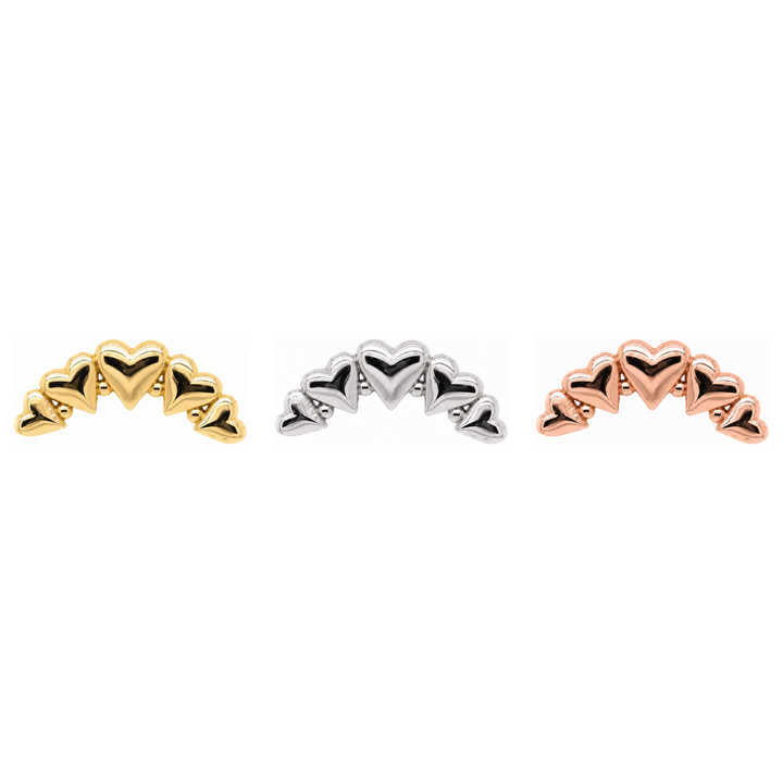 AuAdore Heart Curve Threadless End shown in 14k yellow gold, white gold, and rose gold on a white background.