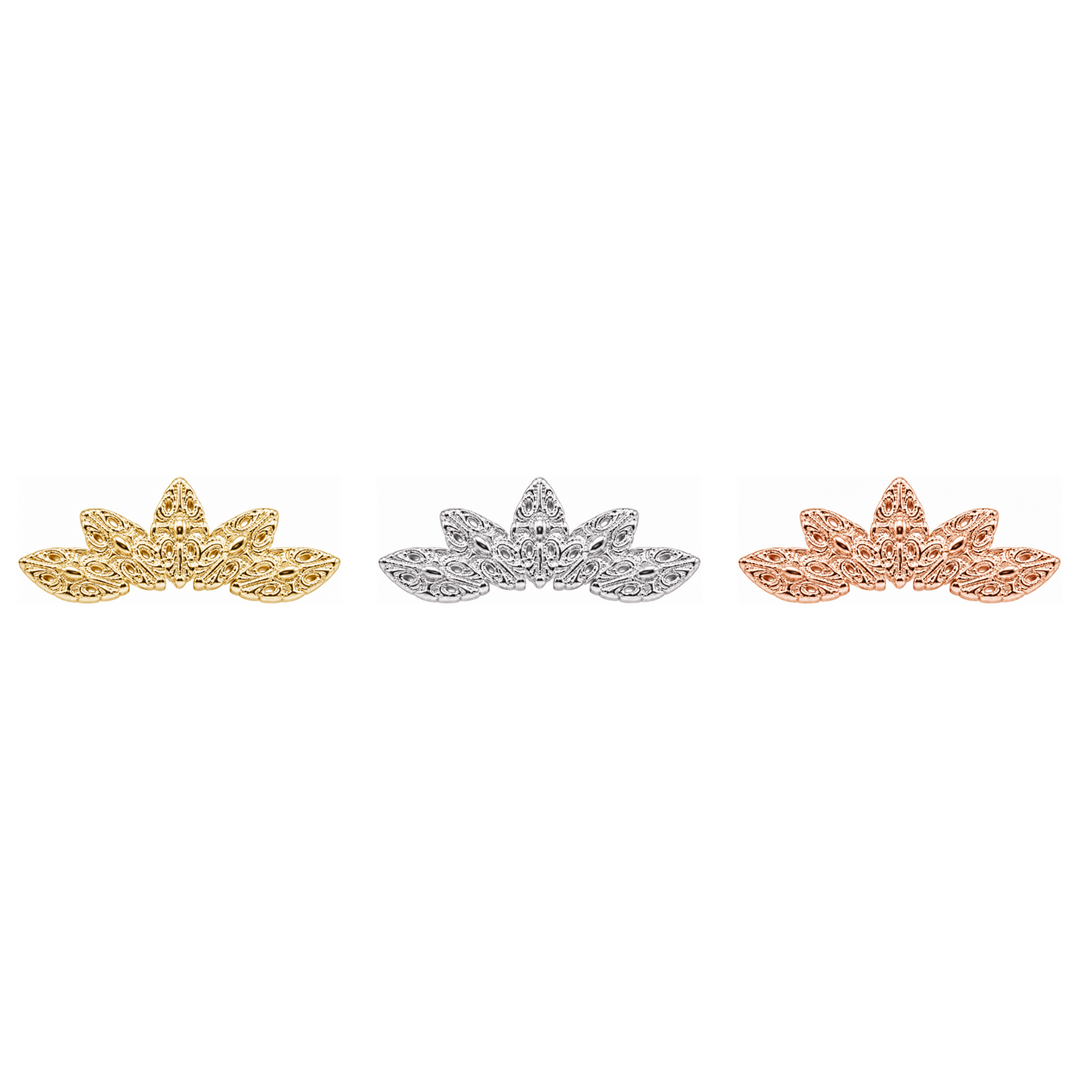 AuAdore Honesty Curve Threadless End shown in 14k yellow gold, white gold, and rose gold on a white background.