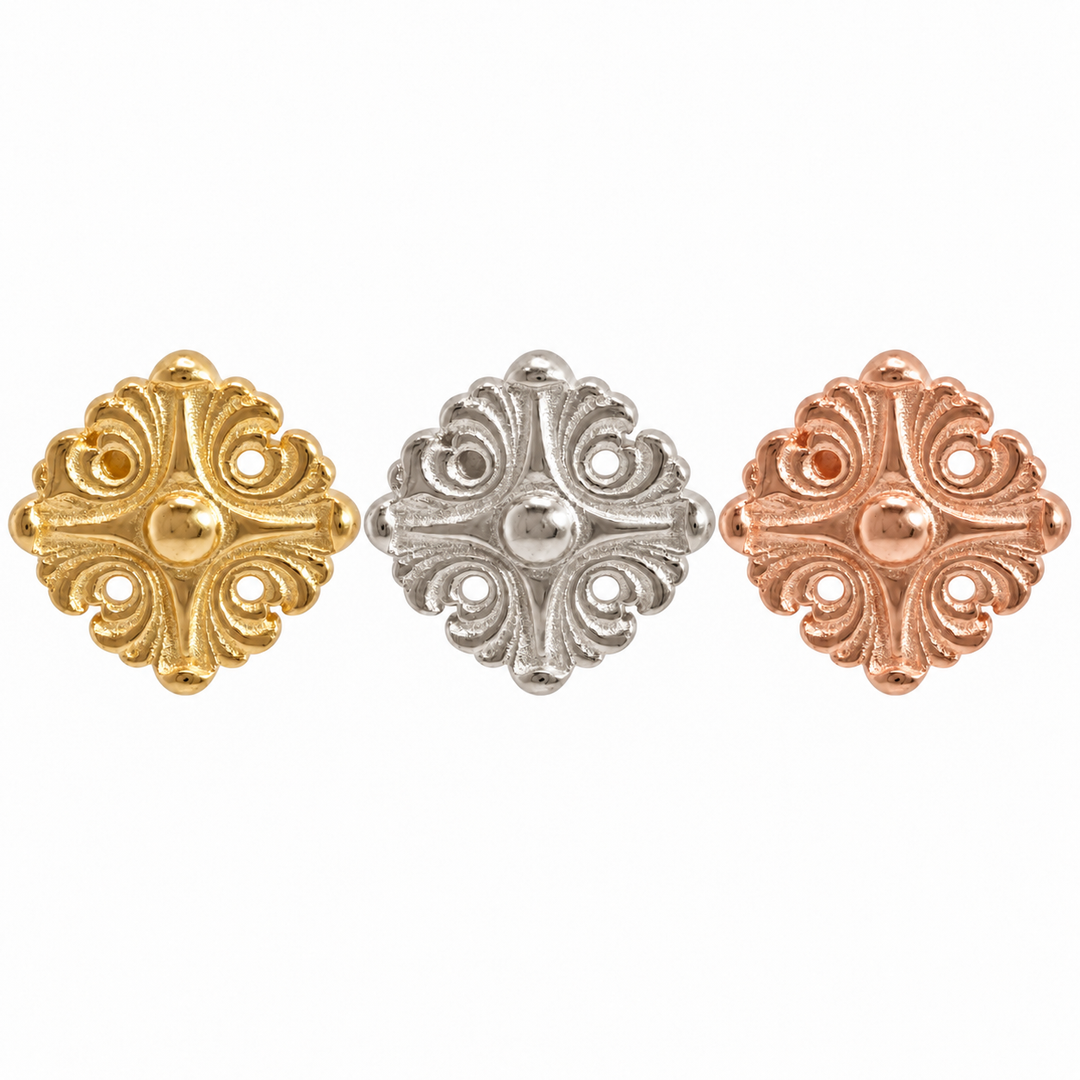 AuAdore Honesty Disk Threadless End, Large 4.5 mm, shown in 14k yellow gold, white gold, and rose gold on a white background.