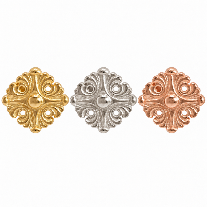 AuAdore Honesty Disk Threadless End, Large 4.5 mm, shown in 14k yellow gold, white gold, and rose gold on a white background.