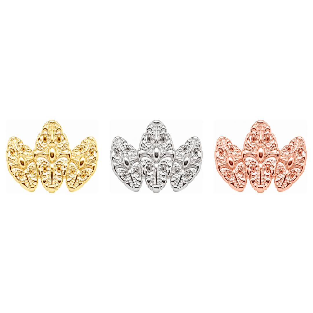 AuAdore Honesty Fan Large Threadless End shown in 14k yellow gold, white gold, and rose gold on a white background.
