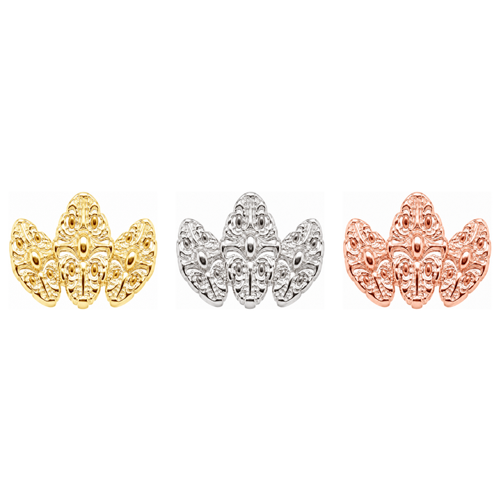 AuAdore Honesty Fan Large Threadless End shown in 14k yellow gold, white gold, and rose gold on a white background.