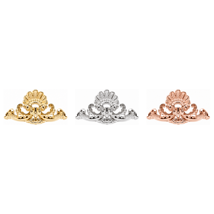 AuAdore Imperial Threadless End shown in 14k yellow gold, white gold, and rose gold on a white background.