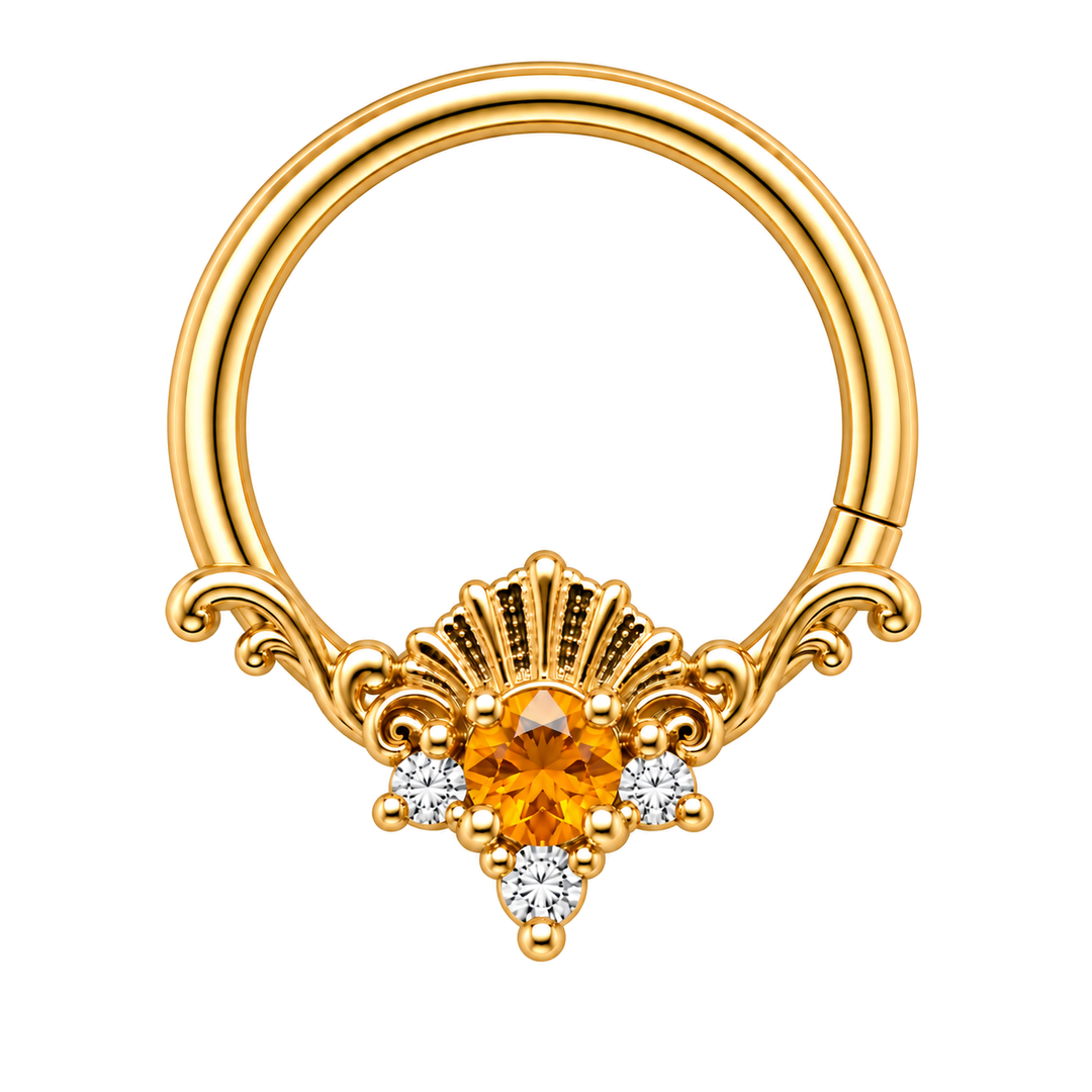 AuAdore Lennox Citrine and Diamond 16g ring in yellow gold, with the corrected textured shell crest, orange center and three clear accents. One lower-right seam. Digital color illustration.
