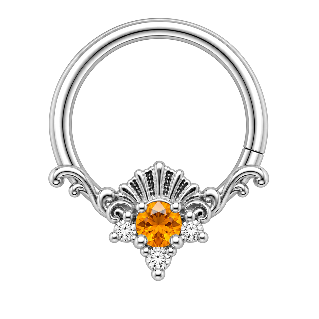 AuAdore Lennox Citrine and Diamond 16g ring in white gold, including matching white-gold prongs and filigree, orange center and three clear accents. One lower-right seam. Digital color illustration.