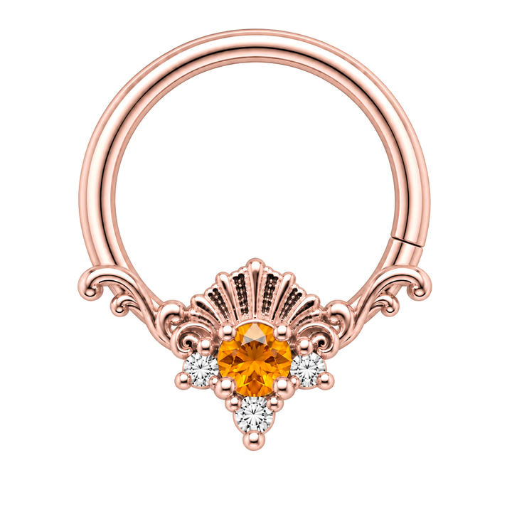 AuAdore Lennox Citrine and Diamond 16g ring in rose gold, including matching rose-gold prongs and filigree, orange center and three clear accents. One lower-right seam. Digital color illustration.