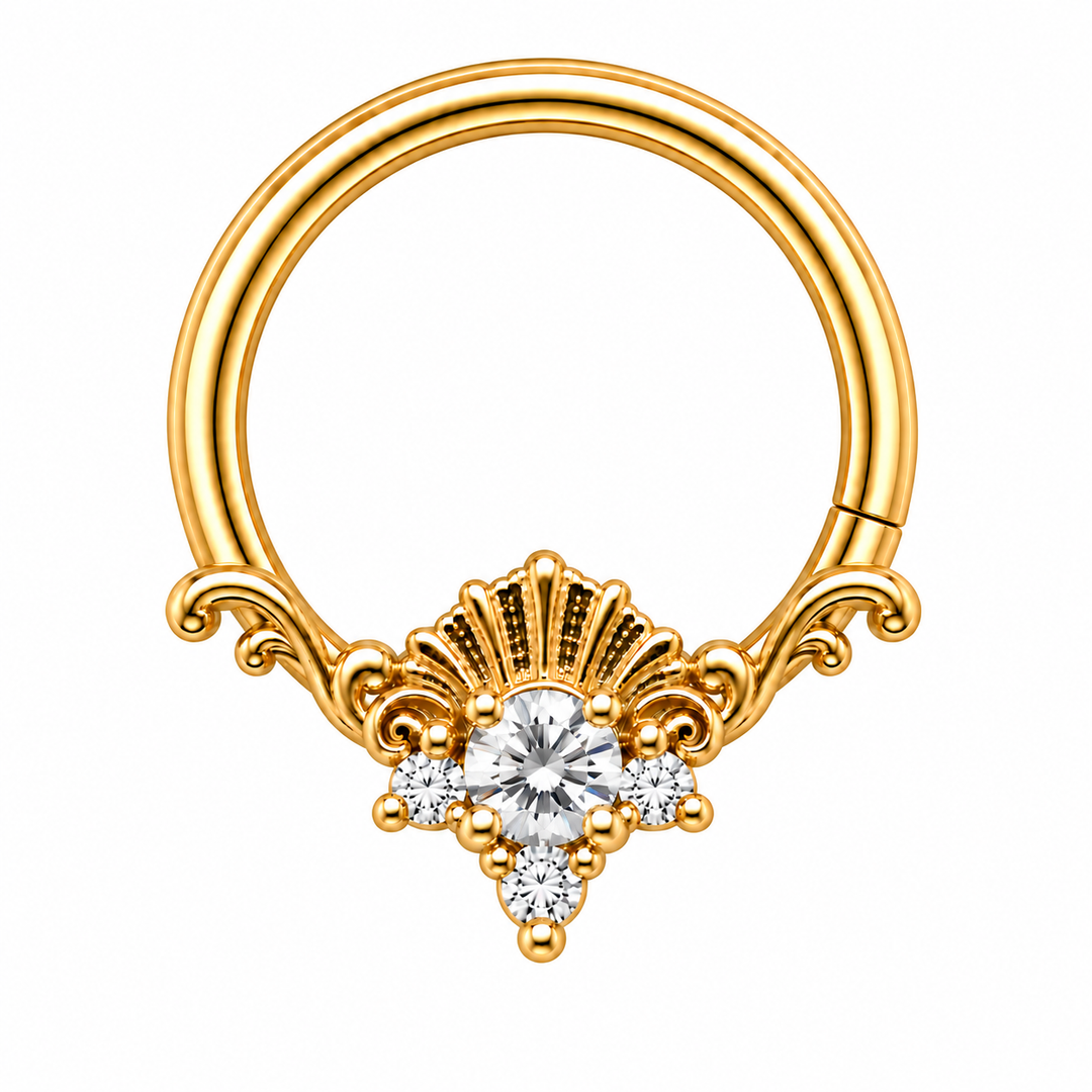 AuAdore Lennox CZ 16g seam ring in yellow gold, with a brilliant clear round center stone, three smaller clear stones, textured shell crest and filigree. One lower-right seam. Digital product illustration.