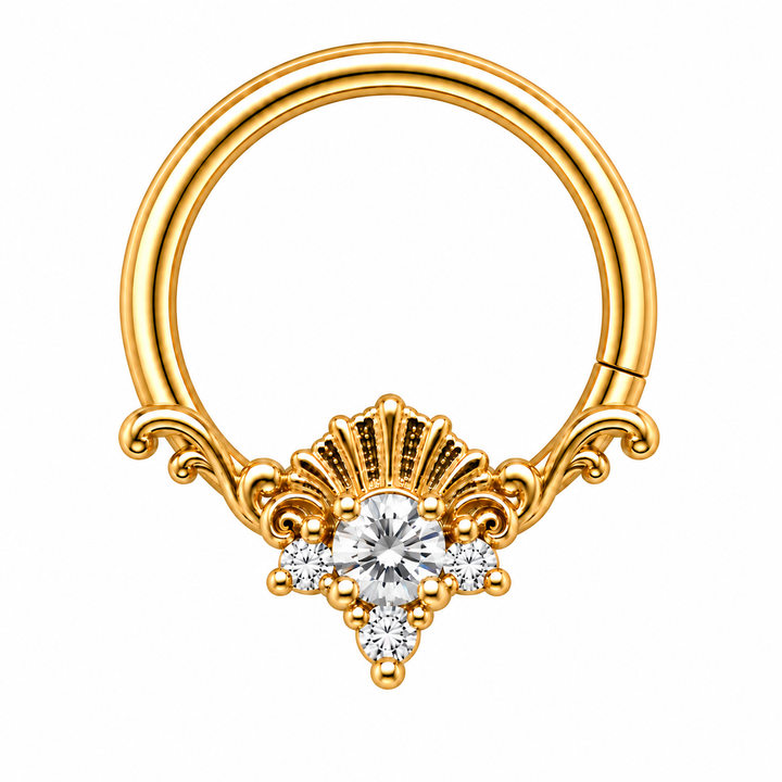 AuAdore Lennox CZ 16g seam ring in yellow gold, with a brilliant clear round center stone, three smaller clear stones, textured shell crest and filigree. One lower-right seam. Digital product illustration.