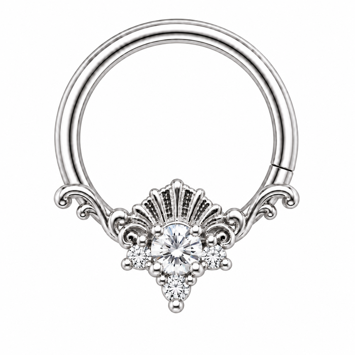 AuAdore Lennox CZ 16g seam ring in white gold, with a brilliant clear round center stone, three smaller clear stones and matching white-gold prongs, textured shell crest and filigree. One lower-right seam. Digital product illustration.