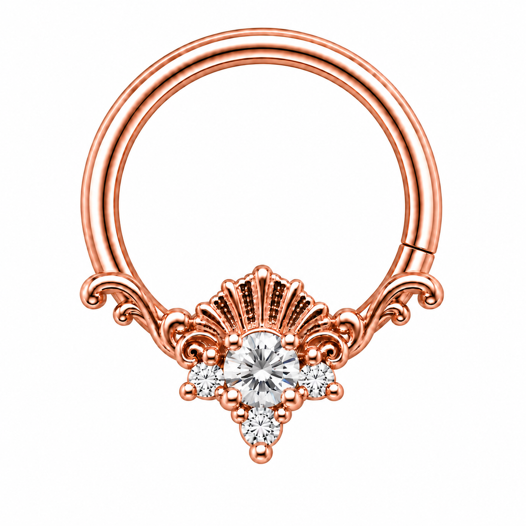 AuAdore Lennox CZ 16g seam ring in rose gold, with a brilliant clear round center stone, three smaller clear stones and matching rose-gold prongs, textured shell crest and filigree. One lower-right seam. Digital product illustration.