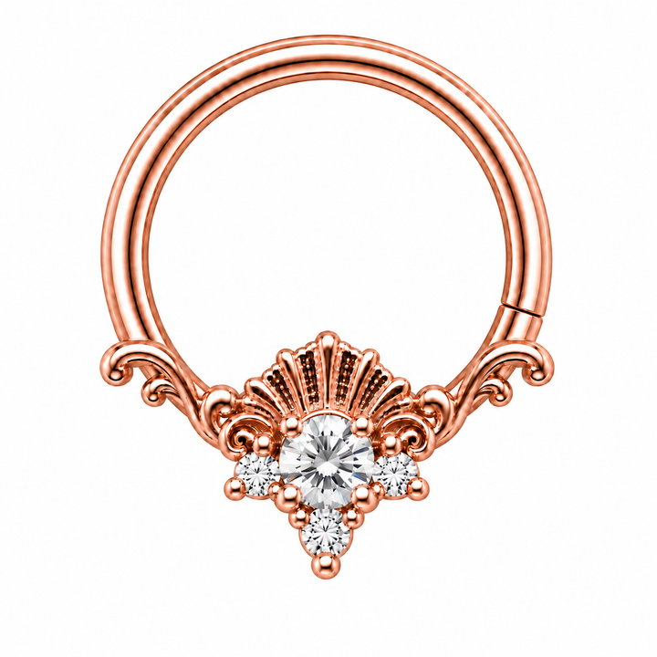 AuAdore Lennox CZ 16g seam ring in rose gold, with a brilliant clear round center stone, three smaller clear stones and matching rose-gold prongs, textured shell crest and filigree. One lower-right seam. Digital product illustration.