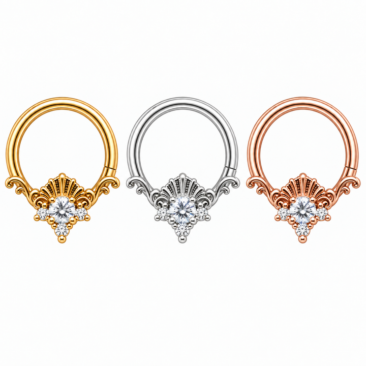 Three AuAdore Lennox CZ seam rings in one horizontal row: yellow gold, white gold and rose gold from left to right. Each has a brilliant clear round center, three smaller clear stones, textured shell crest, filigree and one lower-right seam. Digital product illustration.