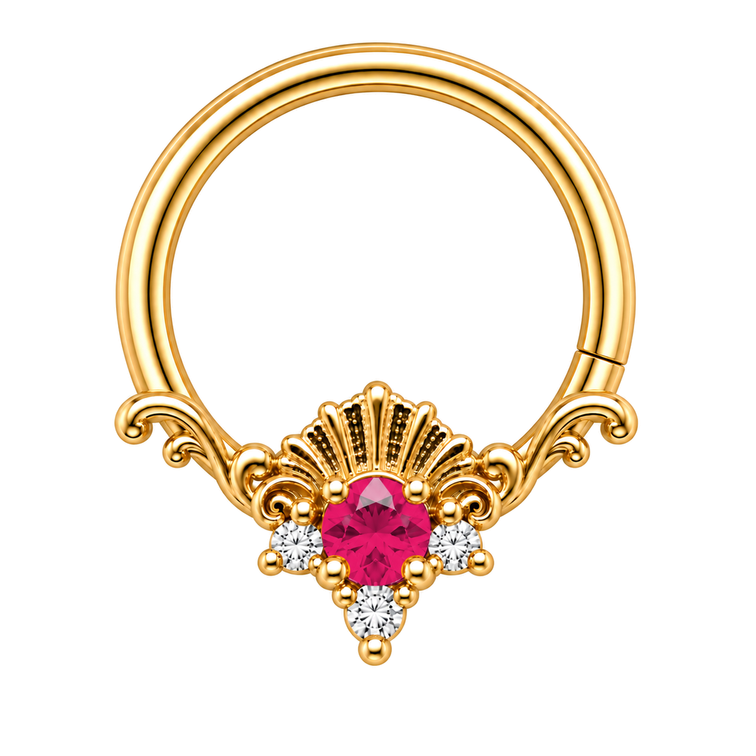 AuAdore Lennox Lab Ruby and Diamond 16g ring in yellow gold, with a ruby-red round center and three clear accents, corrected textured shell crest and one lower-right seam. Digital color illustration.
