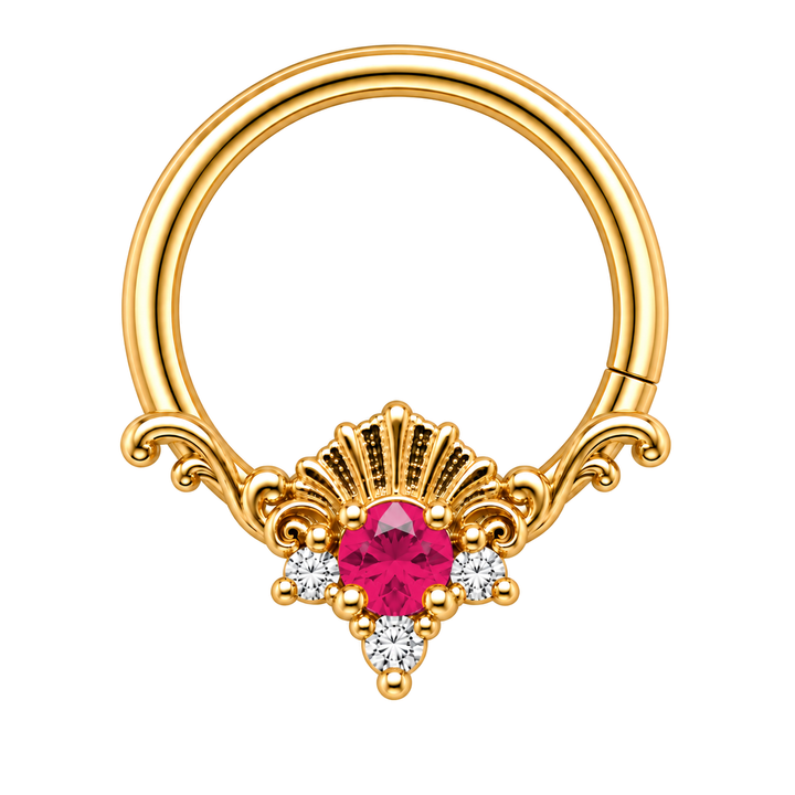 AuAdore Lennox Lab Ruby and Diamond 16g ring in yellow gold, with a ruby-red round center and three clear accents, corrected textured shell crest and one lower-right seam. Digital color illustration.