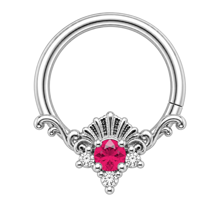 AuAdore Lennox Lab Ruby and Diamond 16g ring in white gold, including matching white-gold prongs and filigree. Ruby-red center, three clear accents and one lower-right seam. Digital color illustration.