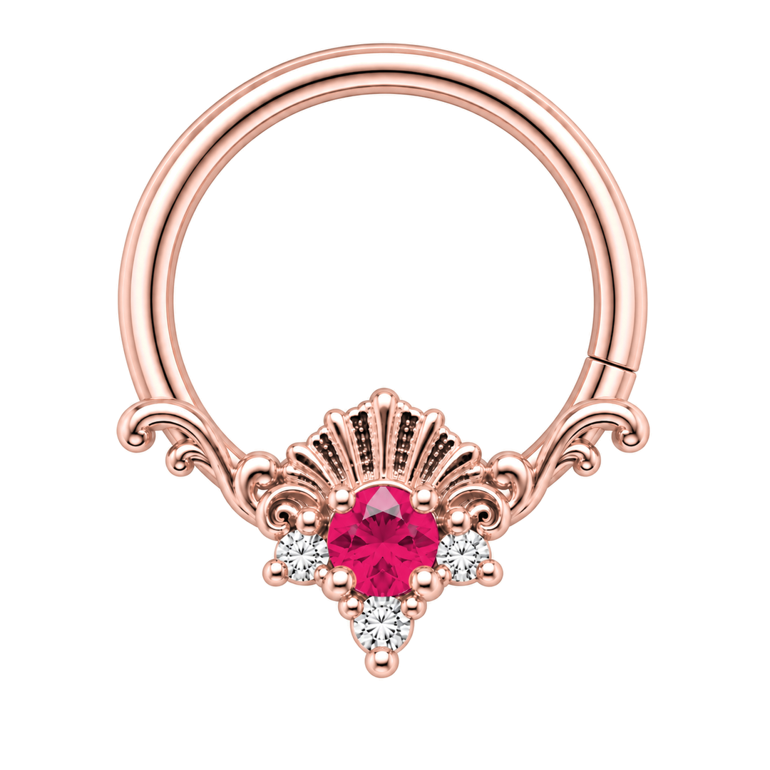 AuAdore Lennox Lab Ruby and Diamond 16g ring in rose gold, including matching rose-gold prongs and filigree. Ruby-red center, three clear accents and one lower-right seam. Digital color illustration.
