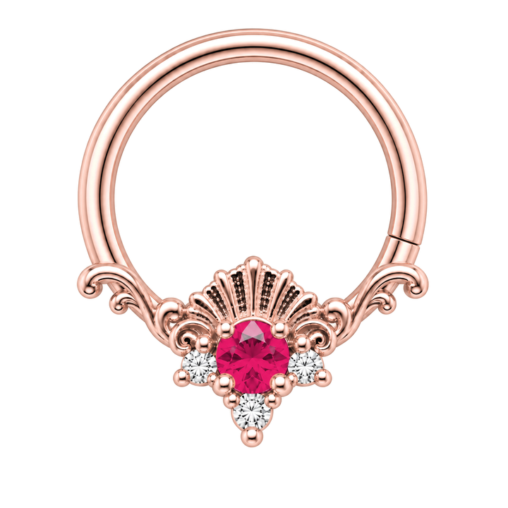 AuAdore Lennox Lab Ruby and Diamond 16g ring in rose gold, including matching rose-gold prongs and filigree. Ruby-red center, three clear accents and one lower-right seam. Digital color illustration.