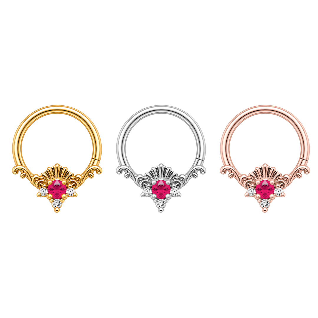 Three AuAdore Lennox Lab Ruby and Diamond rings in one horizontal row: yellow gold, white gold, rose gold. Matching ruby-red centers, clear accents and one lower-right seam on each. Digital color illustration.