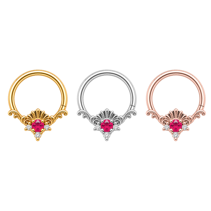 Three AuAdore Lennox Lab Ruby and Diamond rings in one horizontal row: yellow gold, white gold, rose gold. Matching ruby-red centers, clear accents and one lower-right seam on each. Digital color illustration.