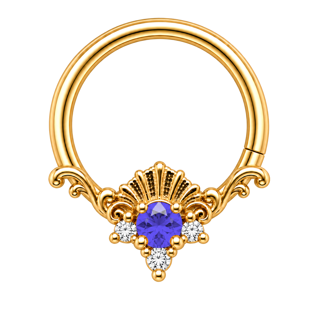 AuAdore Lennox Tanzanite and Lab Diamond 16g ring in yellow gold, with a blue-violet round center and three clear accents, corrected textured shell crest and one lower-right seam. Digital color illustration.