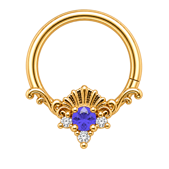 AuAdore Lennox Tanzanite and Lab Diamond 16g ring in yellow gold, with a blue-violet round center and three clear accents, corrected textured shell crest and one lower-right seam. Digital color illustration.