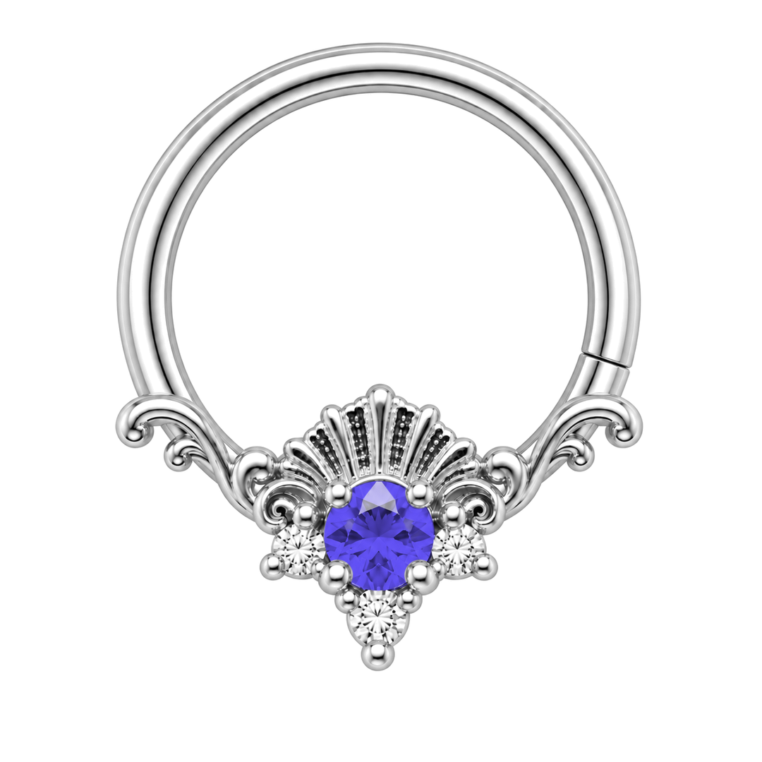 AuAdore Lennox Tanzanite and Lab Diamond 16g ring in white gold, including matching white-gold prongs and filigree. Blue-violet center, three clear accents and one lower-right seam. Digital color illustration.