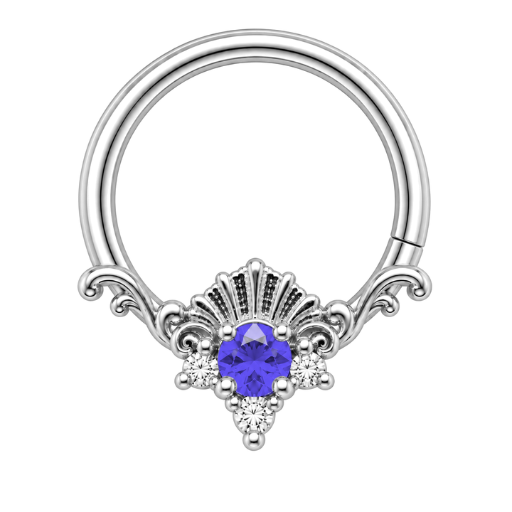 AuAdore Lennox Tanzanite and Lab Diamond 16g ring in white gold, including matching white-gold prongs and filigree. Blue-violet center, three clear accents and one lower-right seam. Digital color illustration.