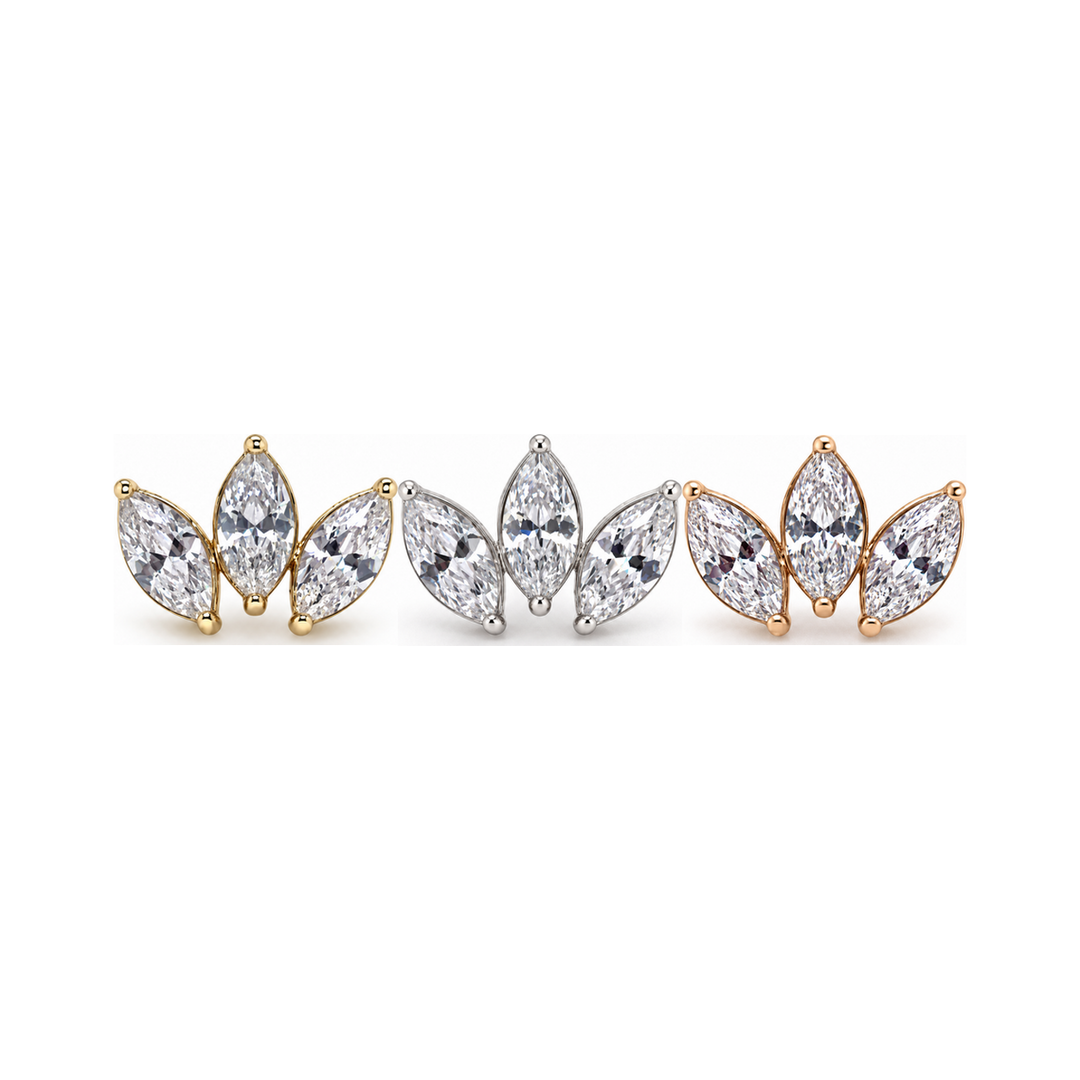 Marquise 3 Fan 4x2mm CZ Threadless End 14k AuAdore — Yellow, White, and Rose Gold comparison